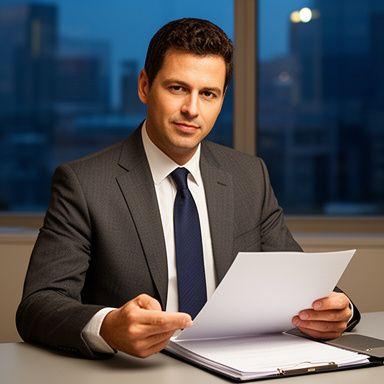 Managing attorney in a tailored suit reviewing commercial lease documents beside a city window