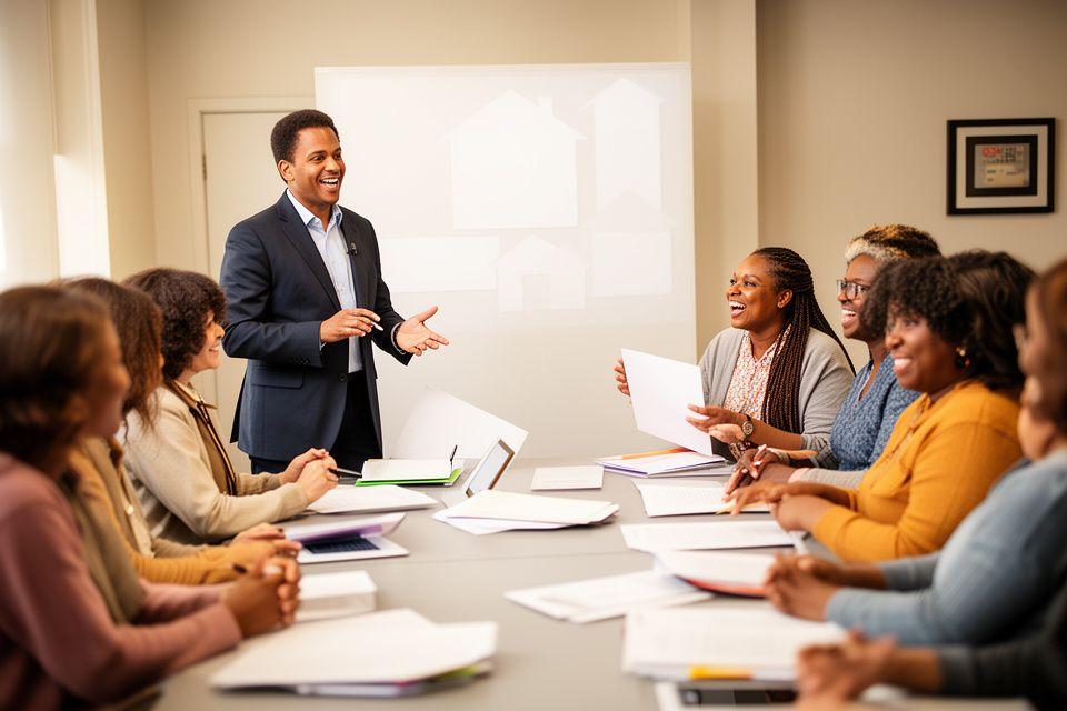 Attorney leading a Brooklyn homebuyer workshop with attendees seated around a table and presentation notes visible