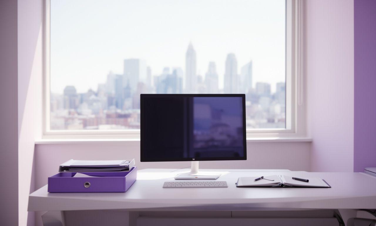 Property law consultation scene in a bright modern office with a legal file, laptop and city skyline beyond the window