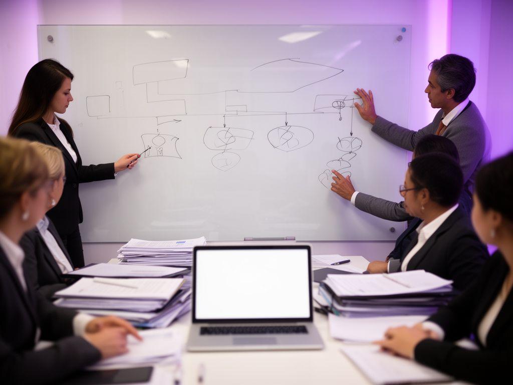 Legal team mapping a property dispute timeline on a glass board in a conference room with files and laptop