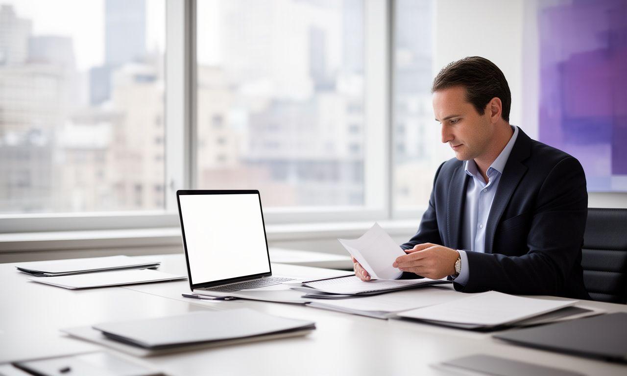 Attorney reviewing a property dispute file beside a bright conference table in a modern New York office