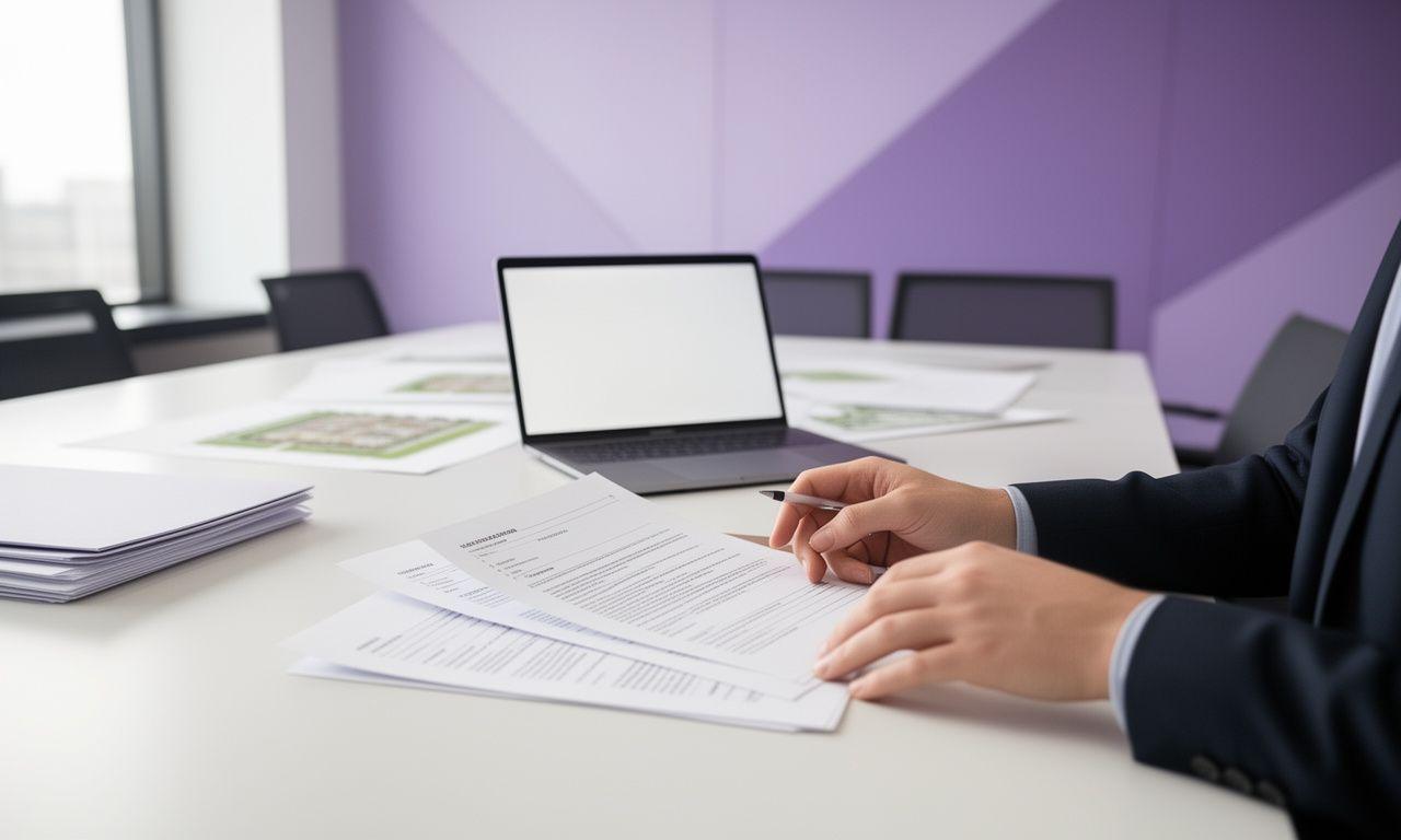 Attorney reviewing a residential closing file at a bright conference table with property plans and signed documents