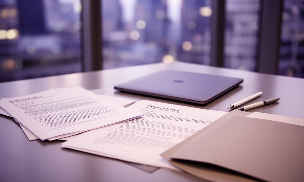 Legal documents and a laptop arranged on a polished office desk with soft city light in the background