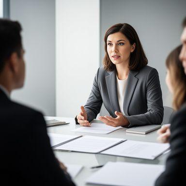 Dispute resolution counsel speaking with clients across a conference table in a modern office